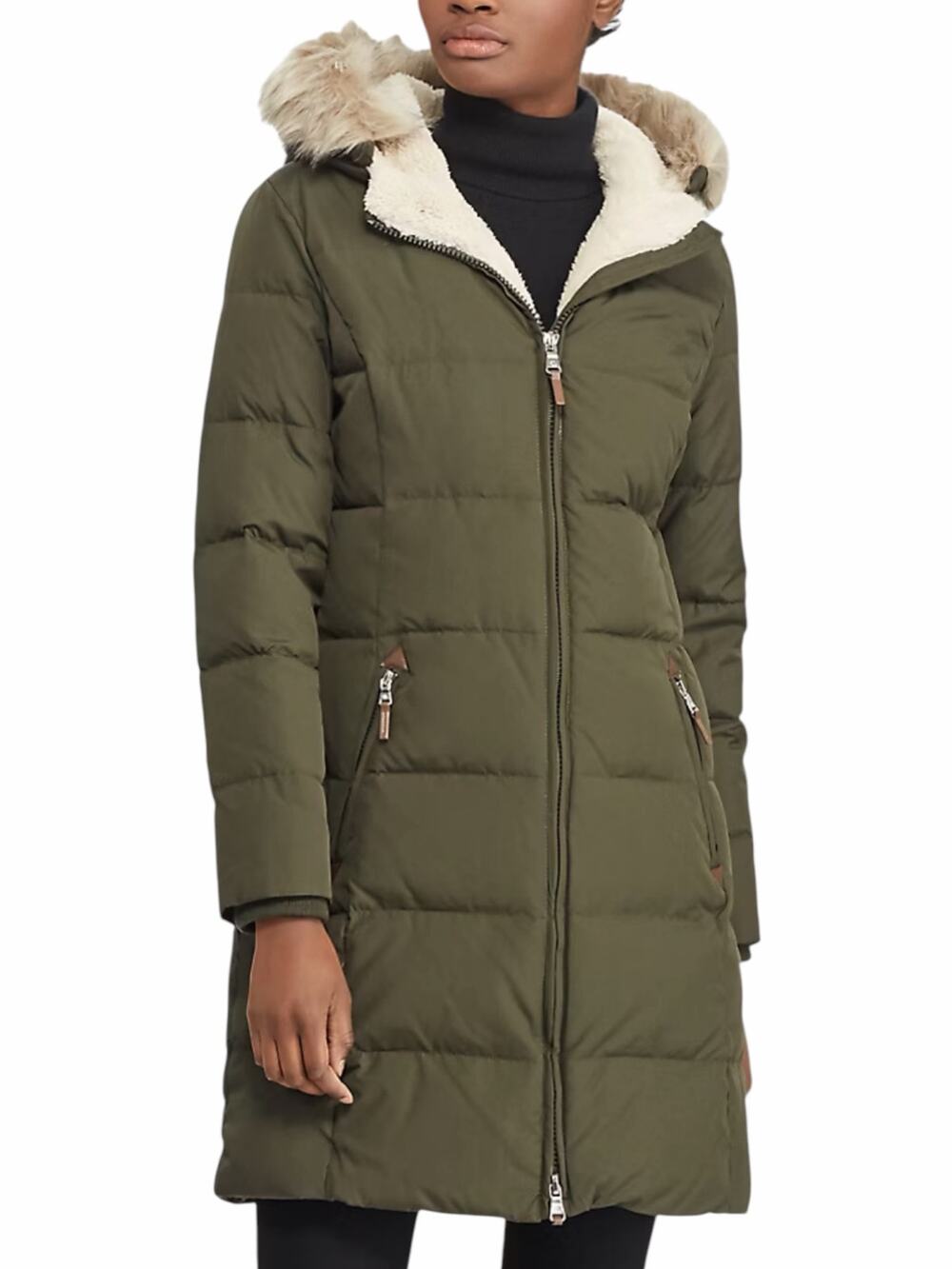 Lauren Ralph Lauren Faux Fur Hooded Puffer Coat Jacket Green Size S